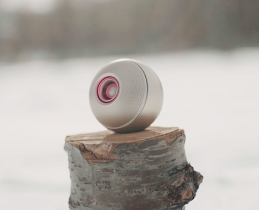 Luna Eye speaker on a tree stump